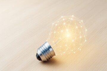 Wall Mural - glowing lightbulb with geometric digital network pattern symbolizing innovation and science on woode