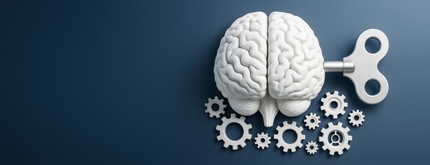 Wall Mural - brain with wind-up key and gears on blue background symbolizing cognitive function and mental mechan