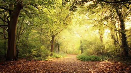 Wall Mural - sunlit woodland path through vibrant foliage.