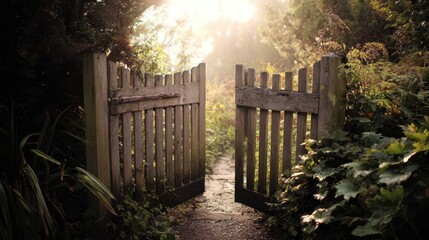 Wall Mural - aged wooden gate opens to a sunlit path.