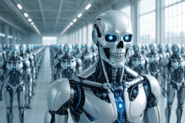 Wall Mural - futuristic humanoid robots with glowing blue eyes standing in symmetrical rows in a bright industria