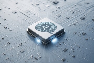 Wall Mural - ai microchip with brain symbol integrated on futuristic circuit board, glowing lights and digital co