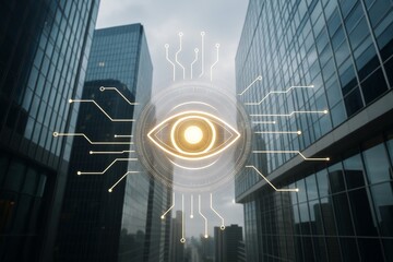 Wall Mural - futuristic digital eye with glowing circuits over modern skyscraper background symbolizing surveilla