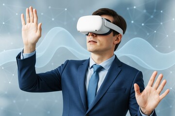Wall Mural - businessman in suit using virtual reality headset with interactive tech interface on abstract futuri