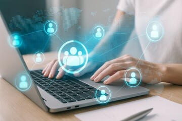 Wall Mural - person typing on laptop with glowing user icons and world map overlay on light background representi