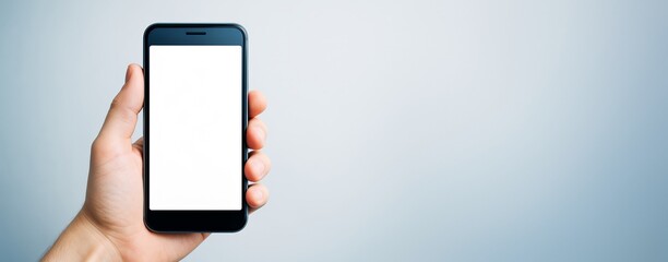 Wall Mural - hand holding smartphone with blank screen on light gradient background for app mockup, advertising, 