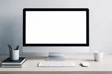 Wall Mural - minimal workspace with blank computer screen on wooden desk, keyboard, mouse, books, pencil holder a