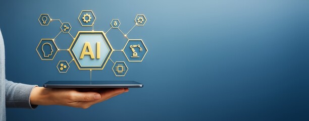 Wall Mural - artificial intelligence concept with icons and tablet on blue background representing innovation, bu