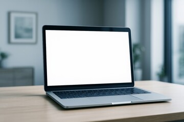 Wall Mural - blank laptop screen on wooden desk in modern interior, ideal for tech mockup, clean design template,