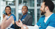 © LuxeShutter25/peopleimages.com - Applause, medical board and doctors in clinic for meeting with achievement or funding opportunity. Clapping hands, discussion and healthcare employees with celebration for good news in hospital.
