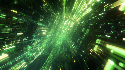Green digital data stream futuristic tunnel fast travel speed light