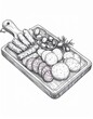 © Pure Imagination - Hand Drawn Illustration of Assorted Meats Cheeses and Olives on Wood Cutting Board