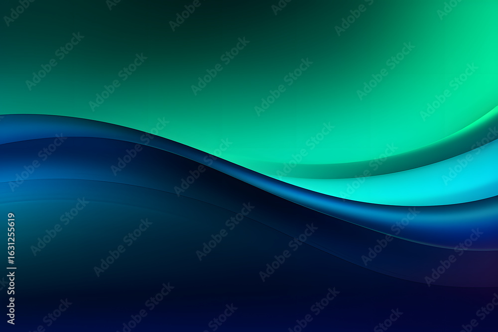 Dynamic green particle wave line on dark blue abstract background ...
