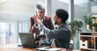 © WestLey2000/peopleimages.com - Business success, laptop and people with high five for trading bonus, teamwork and investment. Excited man, mature woman and tech with celebration in office for stock market growth and achievement