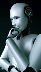 Wall Mural - thinking ai hominoid robot analyzing hologram screen showing concept big data analytic using artific