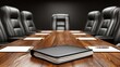 © PaulShlykov - A conference room table with chairs and a closed notebook in the foreground