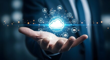 businessman holding glowing cloud computing network with digital icons
