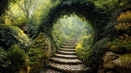 Wall Mural - winding stone steps through a lush, overgrown garden archway.