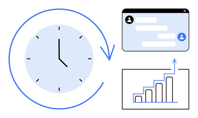 Clock indicating time management, chat interface for communication, and growth chart representing analytics success. Ideal for productivity, collaboration, teamwork, time tracking, growth, progress