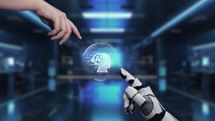Wall Mural - a human hand reaches for a robotic hand above a glowing globe with ai elements, representing the col