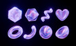 © Ardhika - Set of 3D Holographic Y2K icons isolated on black background. Set of shiny glossy inflated geometric shapes, holographic elements for design in Y2K style. Geometric iridescent holographic shape