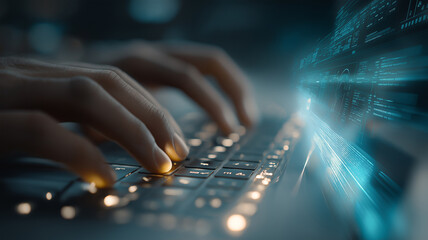 Close-up of hands typing on a backlit keyboard with futuristic digital interface graphics, symbolizing coding, cybersecurity, or advanced computing.