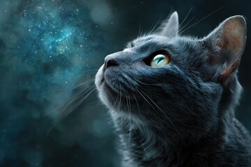 Wall Mural - curious cat gazing into the captivating depths of a starry space background filled with beautiful co