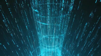 Dynamic digital data stream vortex with glowing blue particles and lines