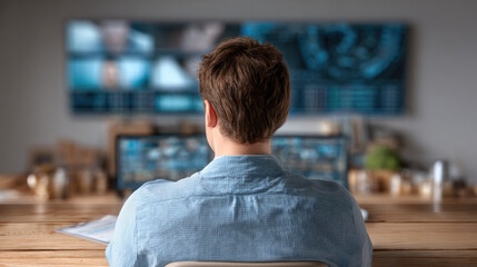 Wall Mural - rear view man sitting at desk, focused on multiple computer screens, modern office, technology, conc