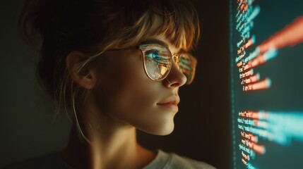 Side profile of a female developer coding in a minimalist office, neon accents highlighting tech and creativity