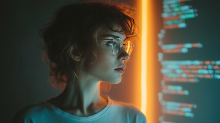 Side profile of a female developer coding in a minimalist office, neon accents highlighting tech and creativity