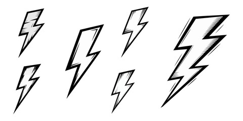 Thunder bolt icon set, Black outline lightning bolt vector isolated on a white background representing energy power and electricity, Collection of lightning bolt doodles isolated on white background. 