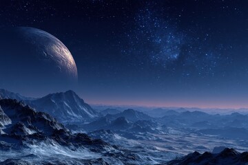Wall Mural - vast alien landscape illuminated by distant celestial bodies under a starry night sky on a remote pl