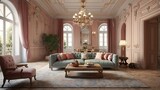 Hungarian villa 3D render living space with baroque details and pastel colors