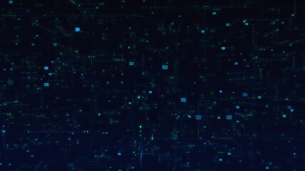 Futuristic digital background displays scattered message icons flowing through complex coding grid. Represents transmission of encrypted data, email flow, networked communication across cyberspace.