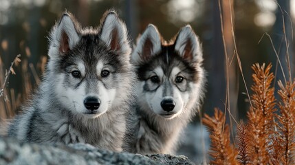  Two husky puppies face forward, resting on a rock, in a forest