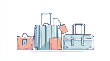 Wall Mural - a minimalistic vector graphic showcasing a neatly arranged group of travel essentials, including a rolling suitcase, a duffel bag, and organized packing cubes, complemented by a hanging luggage tag