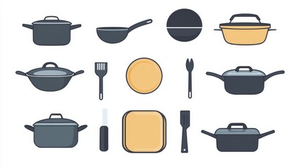 Wall Mural - a flat vector icon illustration presenting a collection of non-stick cookware essentials, including frying pans, saucepans, and lids, arranged in a balanced composition at the center, outlined with
