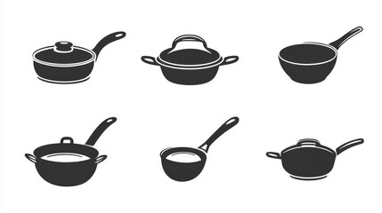 Wall Mural - a simple yet stylish vector icon featuring an assortment of non-stick pots and pans, neatly grouped in the center, designed with sleek curves and a monochrome or soft gradient effect, isolated on a