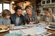© Marvel’s Nook - Family sitting at table together planning late summer vacation with maps and brochures, discussing travel route and destinations in cozy rustic kitchen