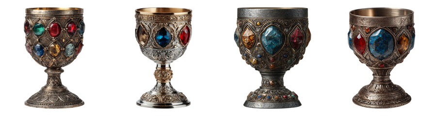 Vintage goblets with colorful gemstones on transparent background