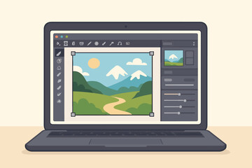 Photo editing software interface on laptop screen. Computer graphic design application with landscape image editor, creative tools, digital workflow vector illustration