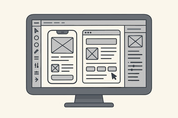 Wall Mural - UX UI design software interface computer screen wireframe mobile app web layout prototype development tool professional designer workspace vector illustration