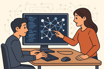 Software development teamwork computer programming data network analysis connecting nodes technology collaboration coding vector cartoon illustration