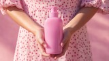  woman Hands holding a beautiful pink shampoo bottle, advertising style photo, mockup