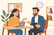 © Hanna - Office colleagues discussion. Man and woman working on a project with a laptop. Business teamwork and collaboration concept. Job interview or business meeting vector.