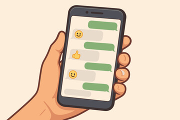 Hand holding smartphone showing a text message conversation. Mobile phone screen with chat bubbles and emojis. Online communication, social media app, texting concept vector.