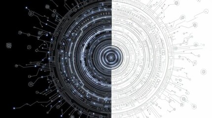 Wall Mural - Abstract half black and white circular design with intricate patterns and circuit board elements