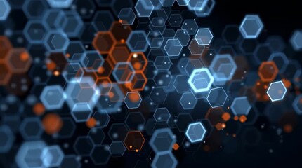 Wall Mural - Abstract background featuring a cluster of glowing blue and orange hexagons on a dark surface
