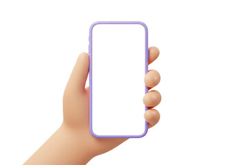 Hand holding a smartphone with blank screen isolated on transparent background